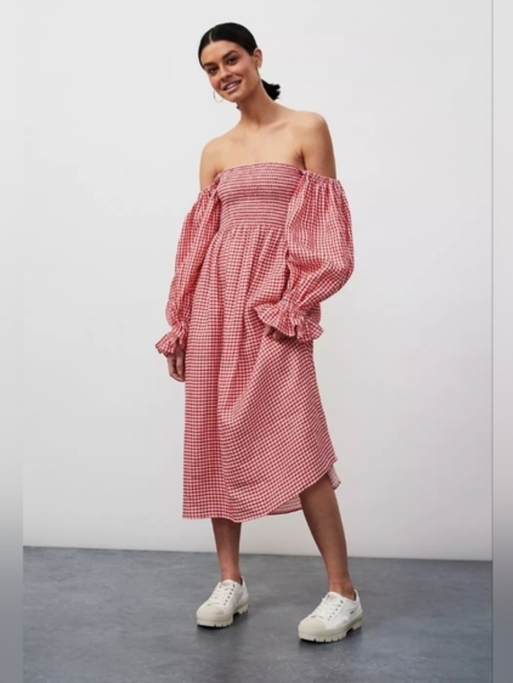 Sleeper atlanta midi dress in red gingham, small